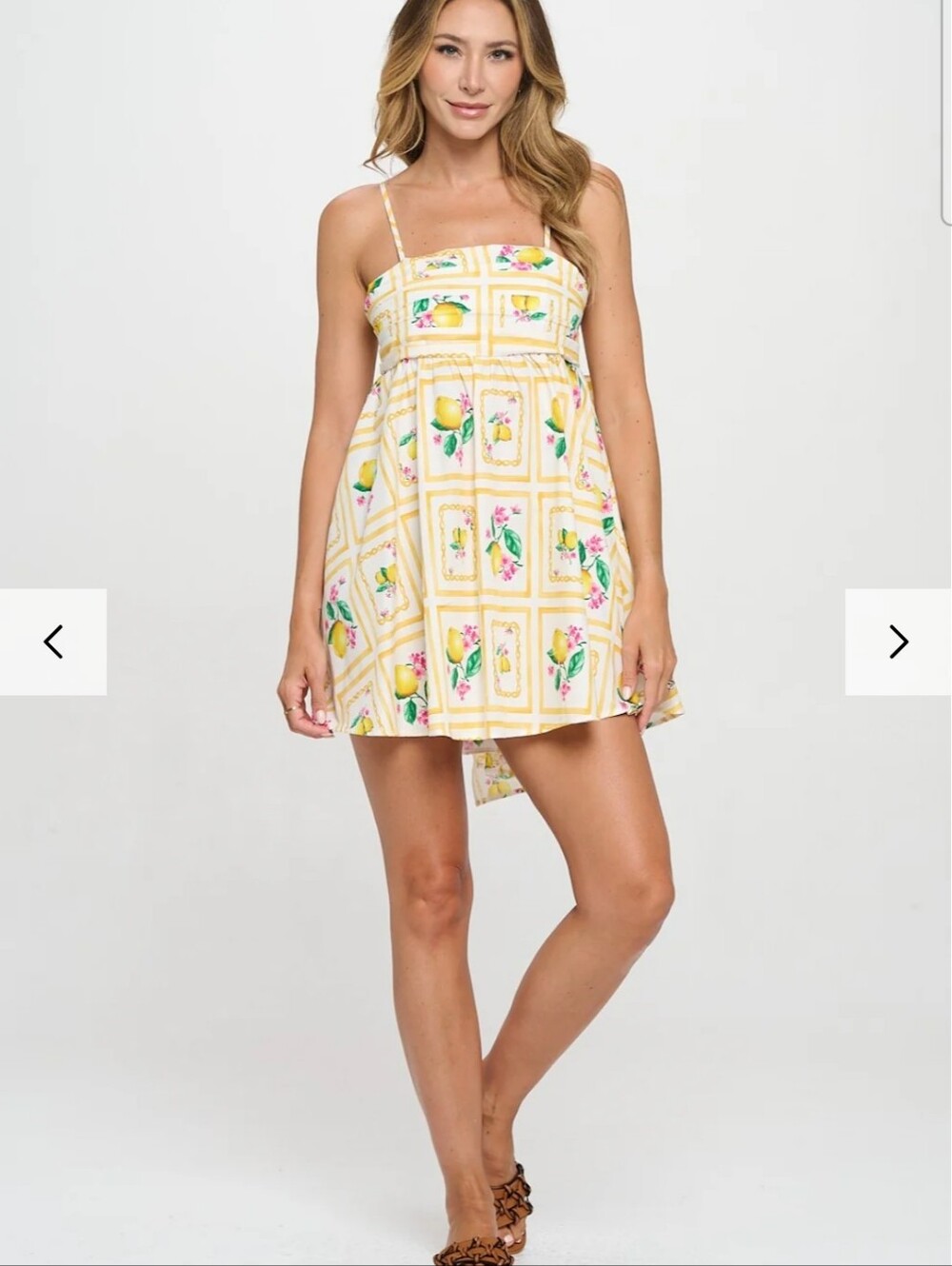 Meet Me In Santorini Citrus Short Dress Large NWT Lemon Print Tie Back Dress